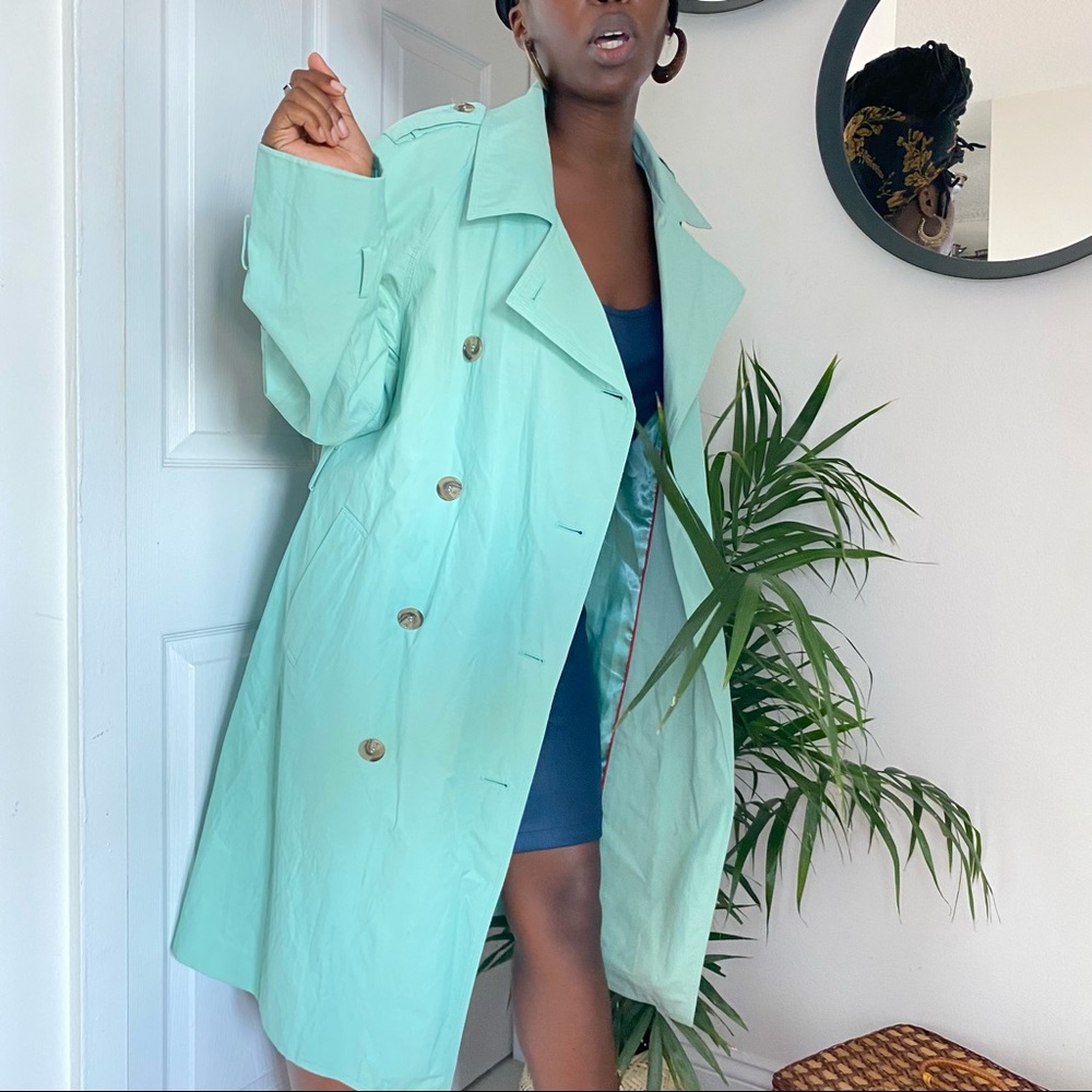 90s vintage mint green trench coat - size 8
